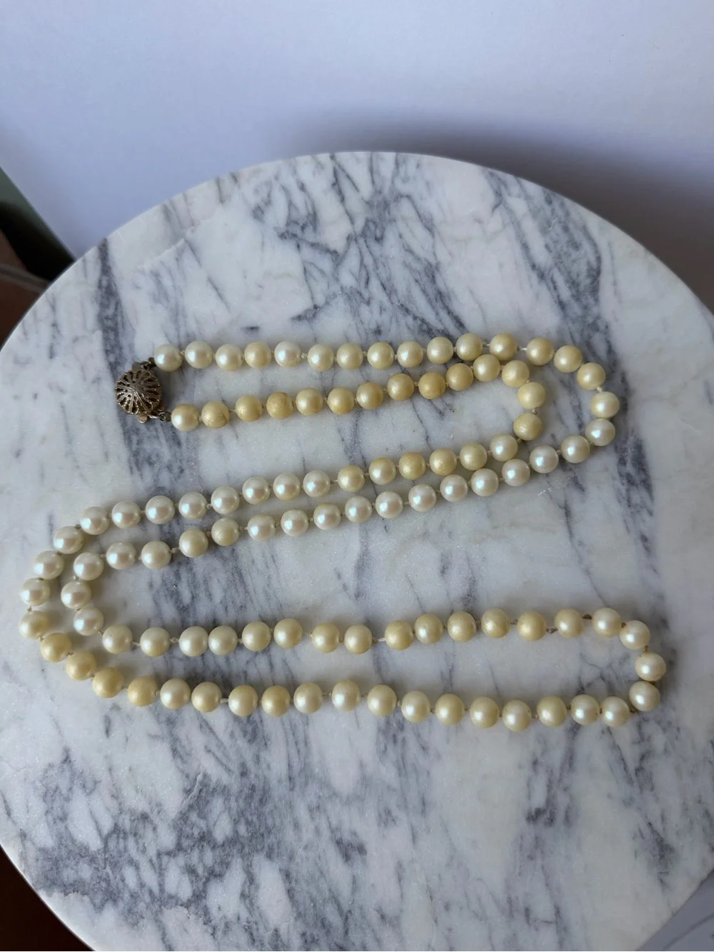 Vintage Sarah Coventry Faux Pearl Opera Necklace 36” Ivory Beads Signed Clasp